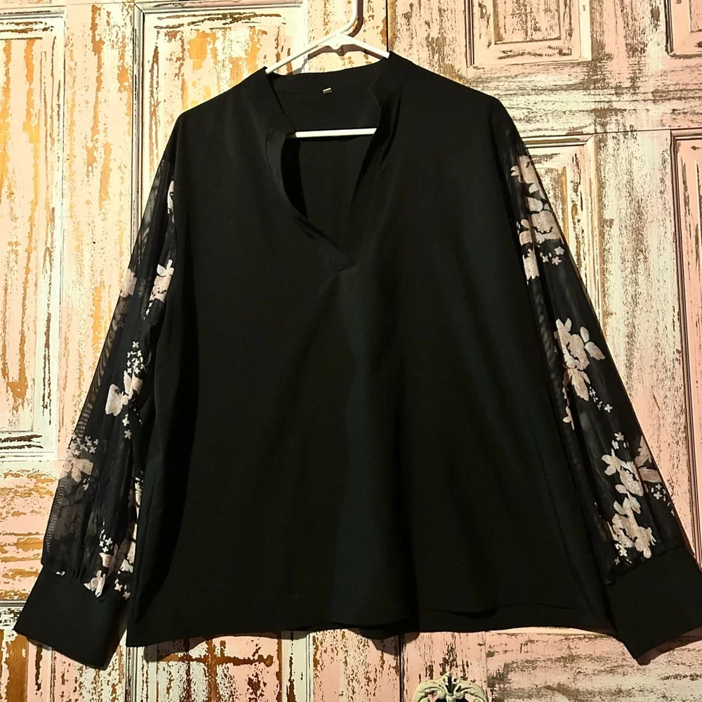 Women’s Black Blouse with Floral Sheer Sleeves